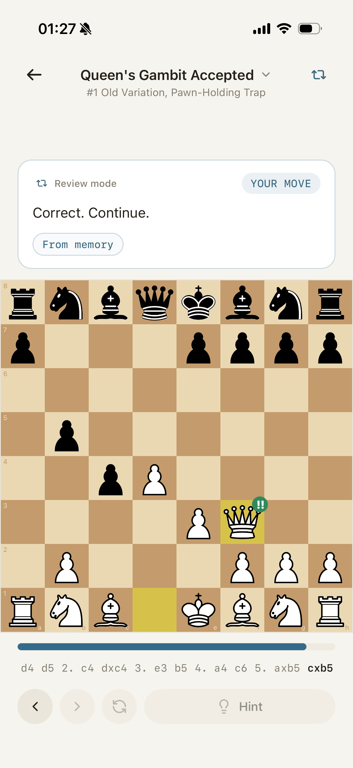 Chessmate Review mode asking for the next move from a trained position