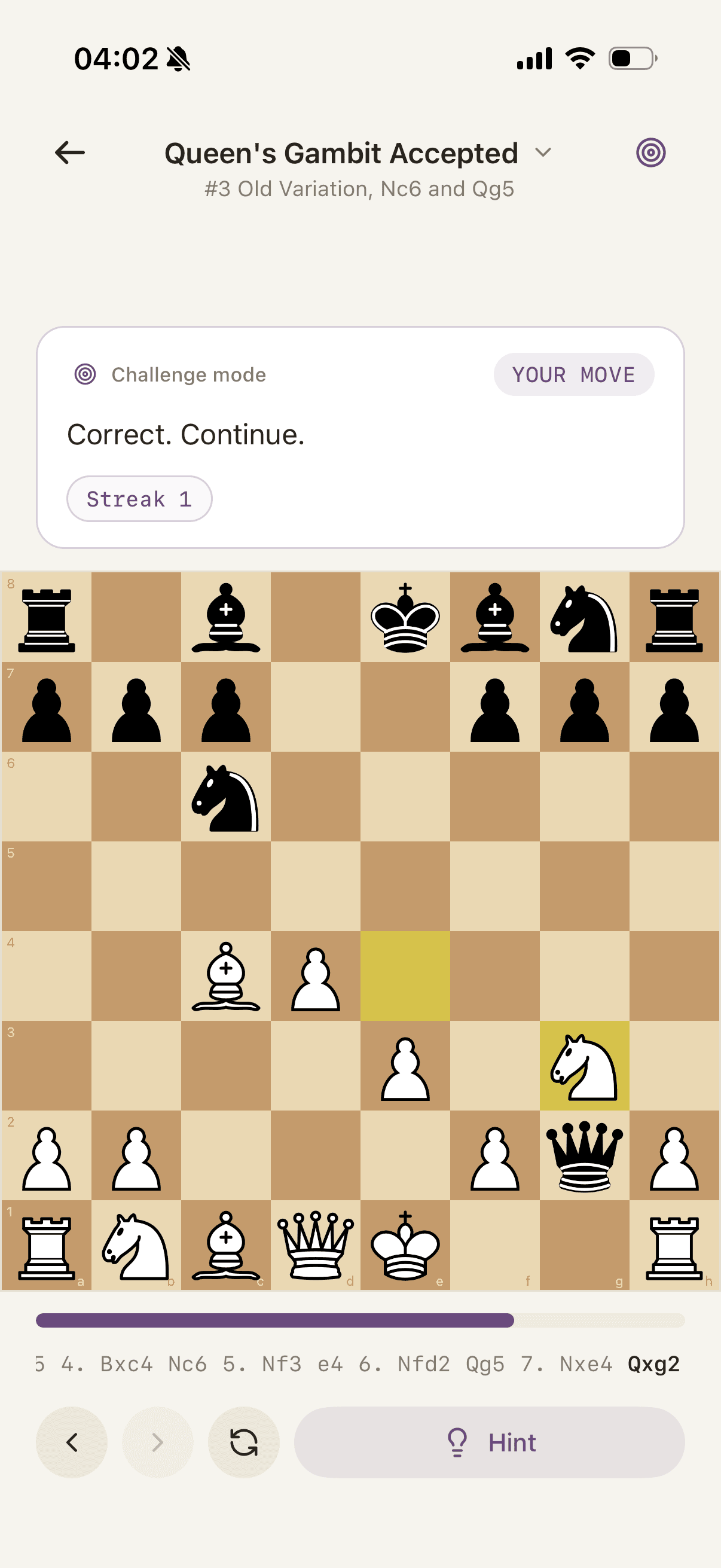 Mode Défi de Chessmate testant une variante sans erreur