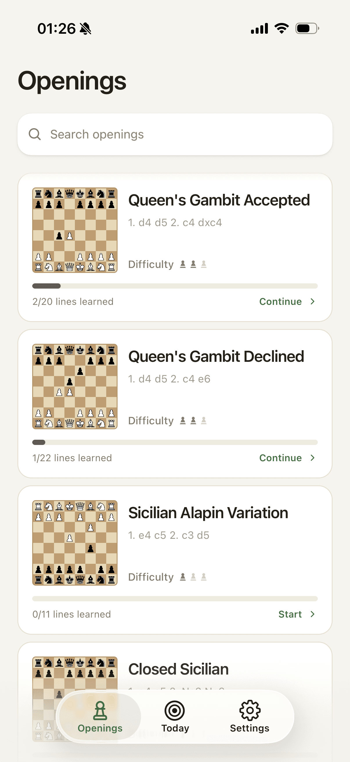 Chessmate opening catalog showing Queen's Gambit and Sicilian opening courses